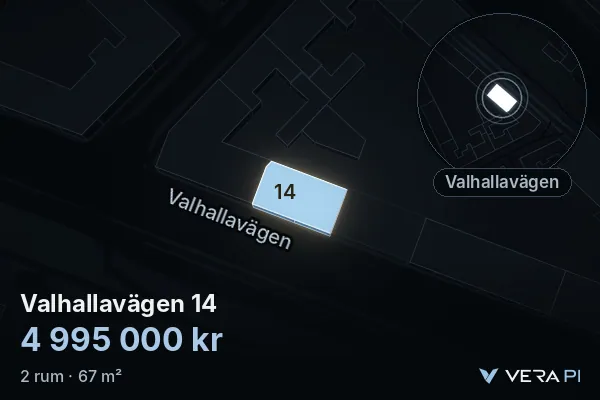VERA PI:s bild av Valhallavägen 14: huset i 3D, upplyst i blått, och kartan runt omkring