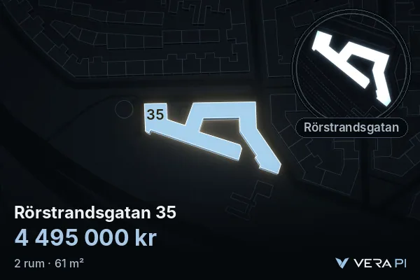 VERA PI:s bild av Rörstrandsgatan 35: huset i 3D, upplyst i blått, och kartan runt omkring