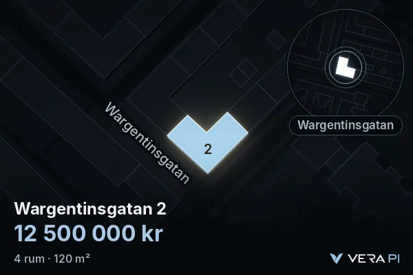 VERA PI:s bild av Wargentinsgatan 2: huset i 3D, upplyst i blått, och kartan runt omkring