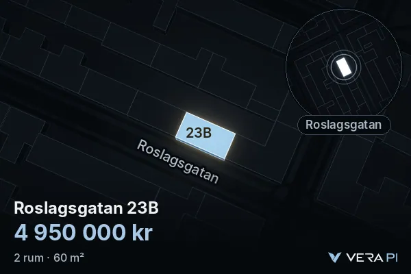 VERA PI:s bild av Roslagsgatan 23B: huset i 3D, upplyst i blått, och kartan runt omkring