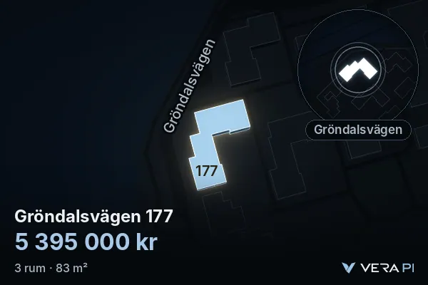 VERA PI:s bild av Gröndalsvägen 177: huset i 3D, upplyst i blått, och kartan runt omkring