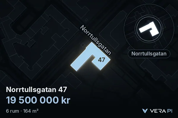 VERA PI's image of Norrtullsgatan 47: the building in 3D, lit in blue, and the map around it
