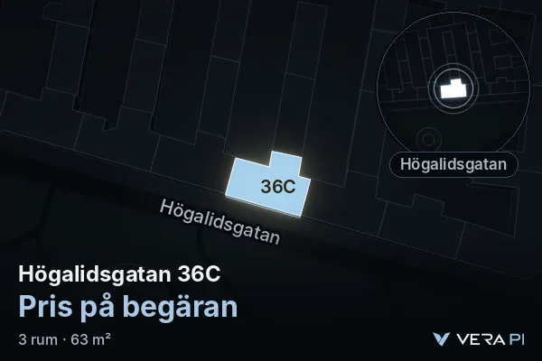 VERA PI's image of Högalidsgatan 36C: the building in 3D, lit in blue, and the map around it