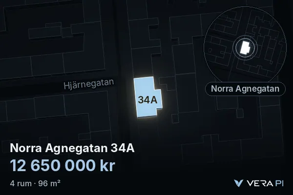 VERA PI:s bild av Norra Agnegatan 34A: huset i 3D, upplyst i blått, och kartan runt omkring