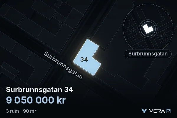 VERA PI:s bild av Surbrunnsgatan 34: huset i 3D, upplyst i blått, och kartan runt omkring