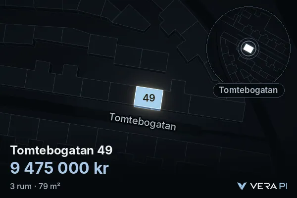 VERA PI's image of Tomtebogatan 49: the building in 3D, lit in blue, and the map around it