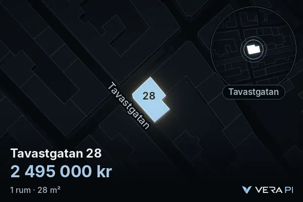 VERA PI:s bild av Tavastgatan 28: huset i 3D, upplyst i blått, och kartan runt omkring