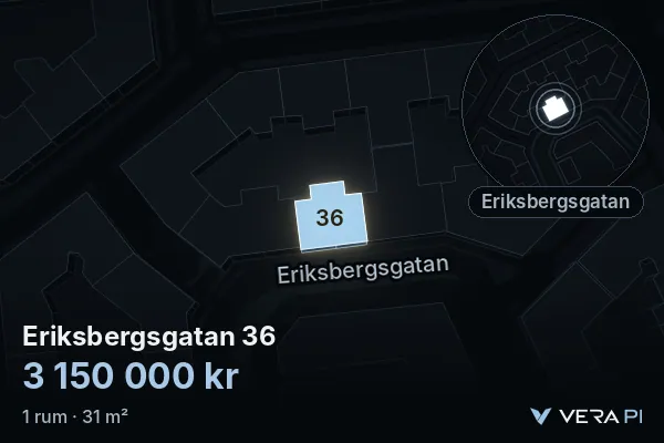VERA PI:s bild av Eriksbergsgatan 36: huset i 3D, upplyst i blått, och kartan runt omkring