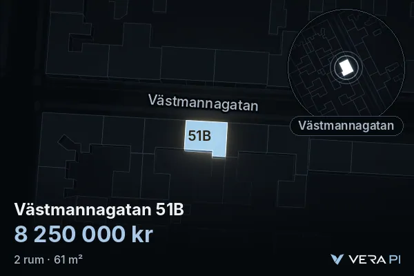 VERA PI:s bild av Västmannagatan 51B: huset i 3D, upplyst i blått, och kartan runt omkring