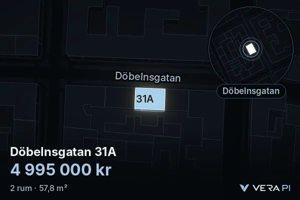 VERA PI:s bild av Döbelnsgatan 31A: huset i 3D, upplyst i blått, och kartan runt omkring