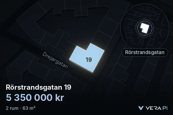 VERA PI:s bild av Rörstrandsgatan 19: huset i 3D, upplyst i blått, och kartan runt omkring