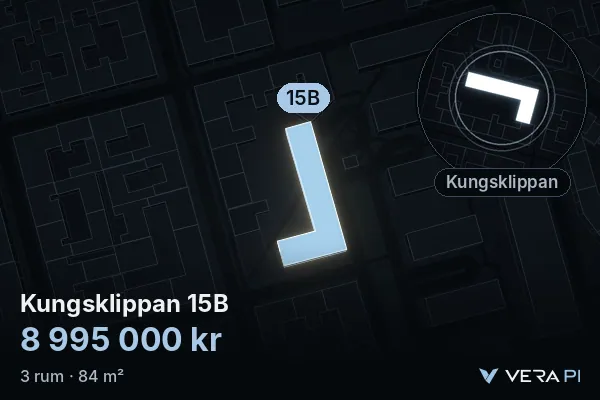 VERA PI:s bild av Kungsklippan 15B: huset i 3D, upplyst i blått, och kartan runt omkring