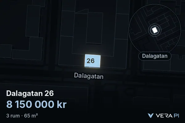 VERA PI's image of Dalagatan 26: the building in 3D, lit in blue, and the map around it