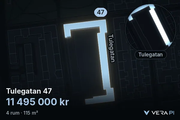 VERA PI:s bild av Tulegatan 47: huset i 3D, upplyst i blått, och kartan runt omkring