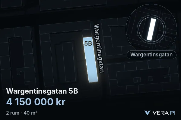 VERA PI:s bild av Wargentinsgatan 5B: huset i 3D, upplyst i blått, och kartan runt omkring