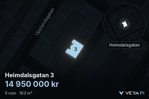VERA PI:s bild av Heimdalsgatan 3: huset i 3D, upplyst i blått, och kartan runt omkring