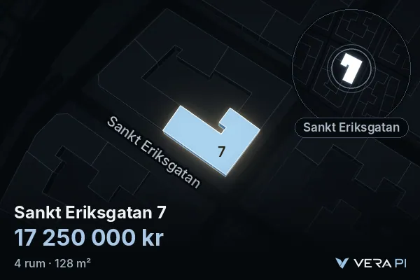 VERA PI:s bild av Sankt Eriksgatan 7: huset i 3D, upplyst i blått, och kartan runt omkring