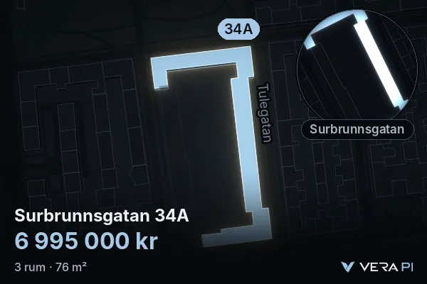VERA PI:s bild av Surbrunnsgatan 34A: huset i 3D, upplyst i blått, och kartan runt omkring