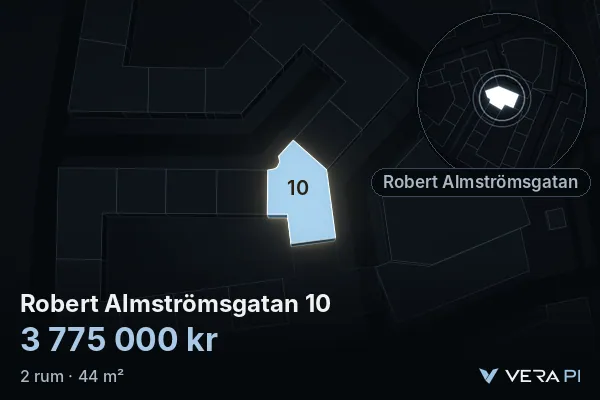 VERA PI:s bild av Robert Almströmsgatan 10: huset i 3D, upplyst i blått, och kartan runt omkring