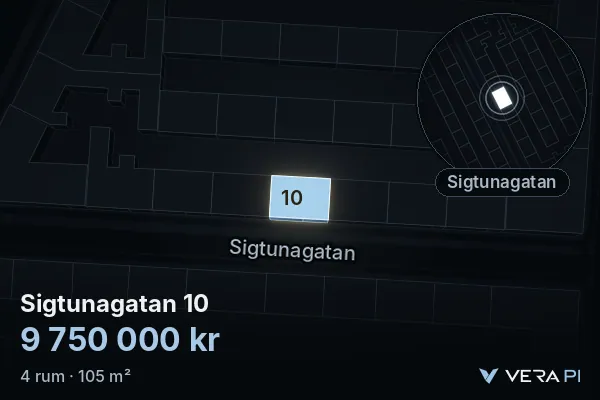 VERA PI's image of Sigtunagatan 10: the building in 3D, lit in blue, and the map around it
