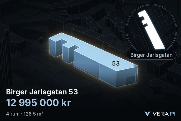 VERA PI:s bild av Birger Jarlsgatan 53: huset i 3D, upplyst i blått, och kartan runt omkring