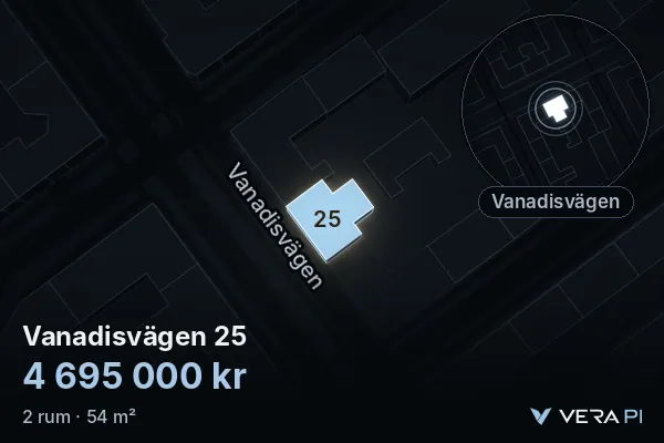 VERA PI's image of Vanadisvägen 25: the building in 3D, lit in blue, and the map around it