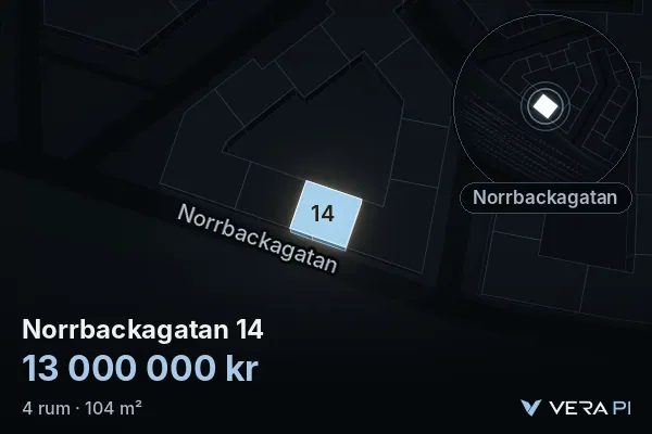 VERA PI:s bild av Norrbackagatan 14: huset i 3D, upplyst i blått, och kartan runt omkring