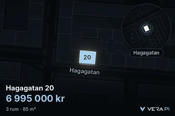 VERA PI:s bild av Hagagatan 20: huset i 3D, upplyst i blått, och kartan runt omkring