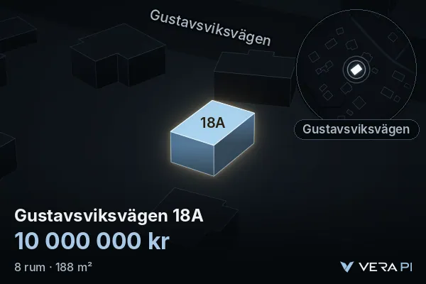 VERA PI's image of Gustavsviksvägen 18A: the building in 3D, lit in blue, and the map around it