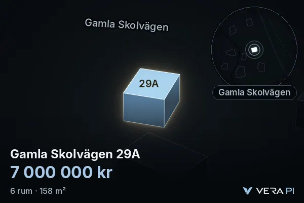 VERA PI's image of Gamla Skolvägen 29A: the building in 3D, lit in blue, and the map around it