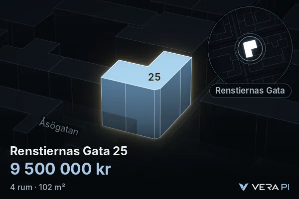 VERA PI's image of Renstiernas Gata 25: the building in 3D, lit in blue, and the map around it