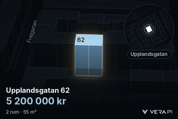 VERA PI's image of Upplandsgatan 62: the building in 3D, lit in blue, and the map around it
