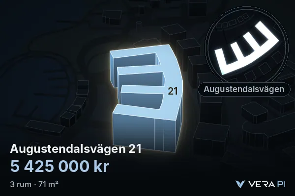 VERA PI's image of Augustendalsvägen 21: the building in 3D, lit in blue, and the map around it