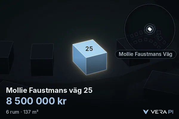 VERA PI's image of Mollie Faustmans väg 25: the building in 3D, lit in blue, and the map around it