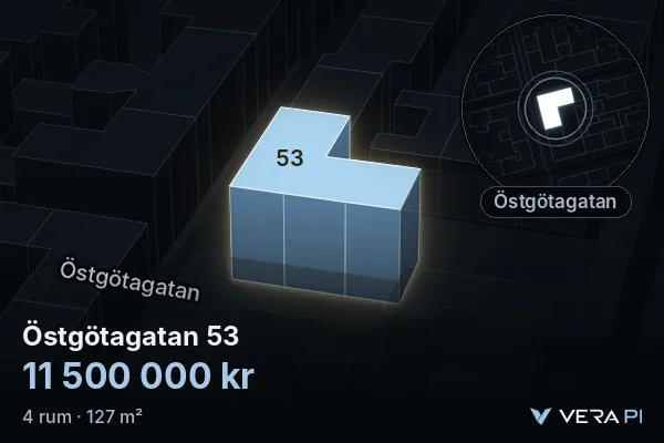 VERA PI's image of Östgötagatan 53: the building in 3D, lit in blue, and the map around it