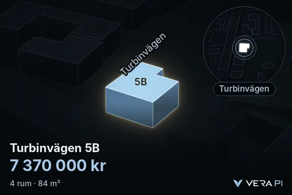 VERA PI's image of Turbinvägen 5B: the building in 3D, lit in blue, and the map around it