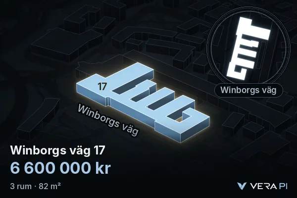VERA PI's image of Winborgs väg 17: the building in 3D, lit in blue, and the map around it