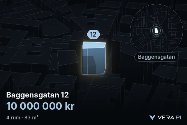 VERA PI's image of Baggensgatan 12: the building in 3D, lit in blue, and the map around it