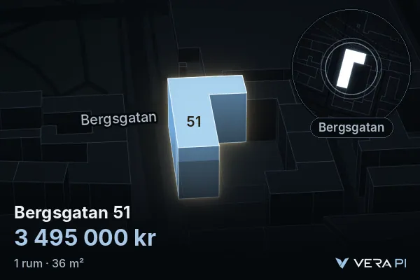 VERA PI's image of Bergsgatan 51: the building in 3D, lit in blue, and the map around it