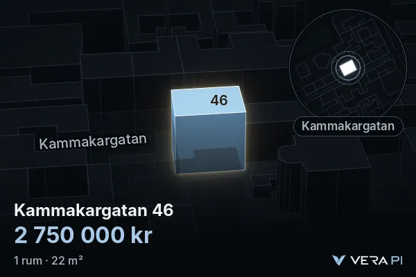 VERA PI's image of Kammakargatan 46: the building in 3D, lit in blue, and the map around it