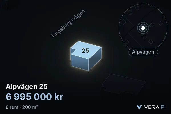 VERA PI's image of Alpvägen 25: the building in 3D, lit in blue, and the map around it