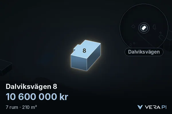 VERA PI:s bild av Dalviksvägen 8: huset i 3D, upplyst i blått, och kartan runt omkring