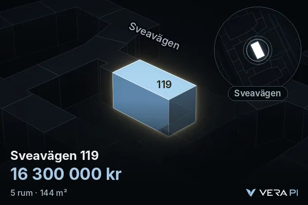 VERA PI:s bild av Sveavägen 119: huset i 3D, upplyst i blått, och kartan runt omkring