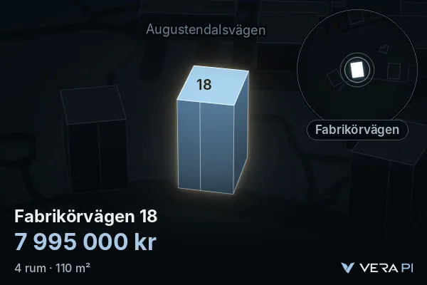 VERA PI:s bild av Fabrikörvägen 18: huset i 3D, upplyst i blått, och kartan runt omkring