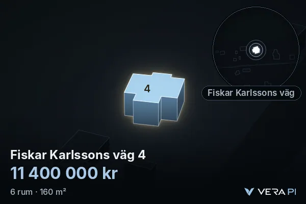 VERA PI:s bild av Fiskar Karlssons väg 4: huset i 3D, upplyst i blått, och kartan runt omkring