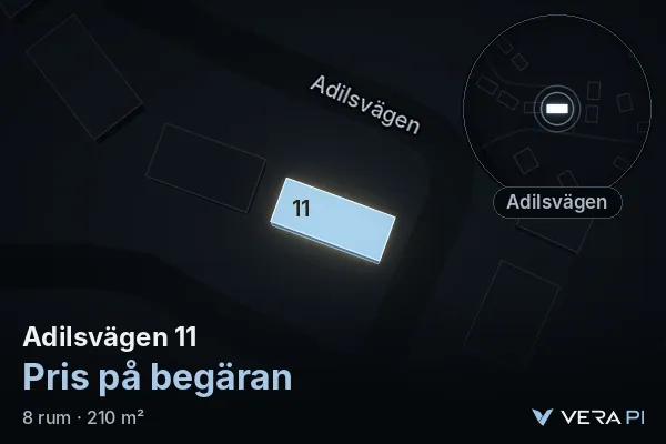 VERA PI's image of Adilsvägen 11: the building in 3D, lit in blue, and the map around it
