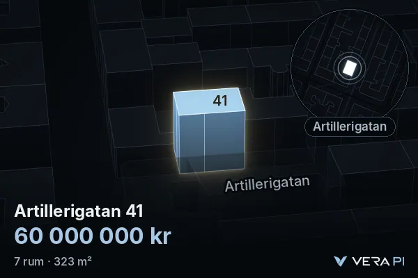 VERA PI:s bild av Artillerigatan 41: huset i 3D, upplyst i blått, och kartan runt omkring