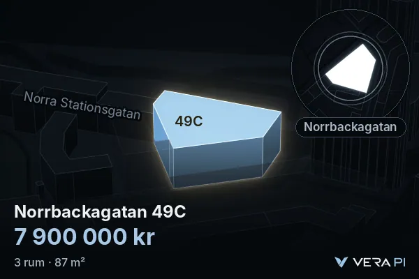 VERA PI:s bild av Norrbackagatan 49C: huset i 3D, upplyst i blått, och kartan runt omkring