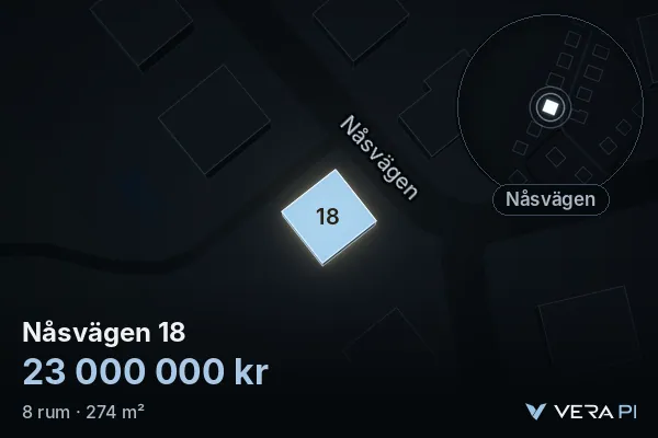 VERA PI:s bild av Nåsvägen 18: huset i 3D, upplyst i blått, och kartan runt omkring