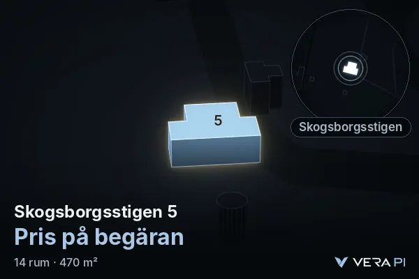 VERA PI's image of Skogsborgsstigen 5: the building in 3D, lit in blue, and the map around it